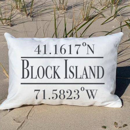 Block Island Coordinates Pillow - Drifts East- White poly canvas pillow with black ink on the beach
