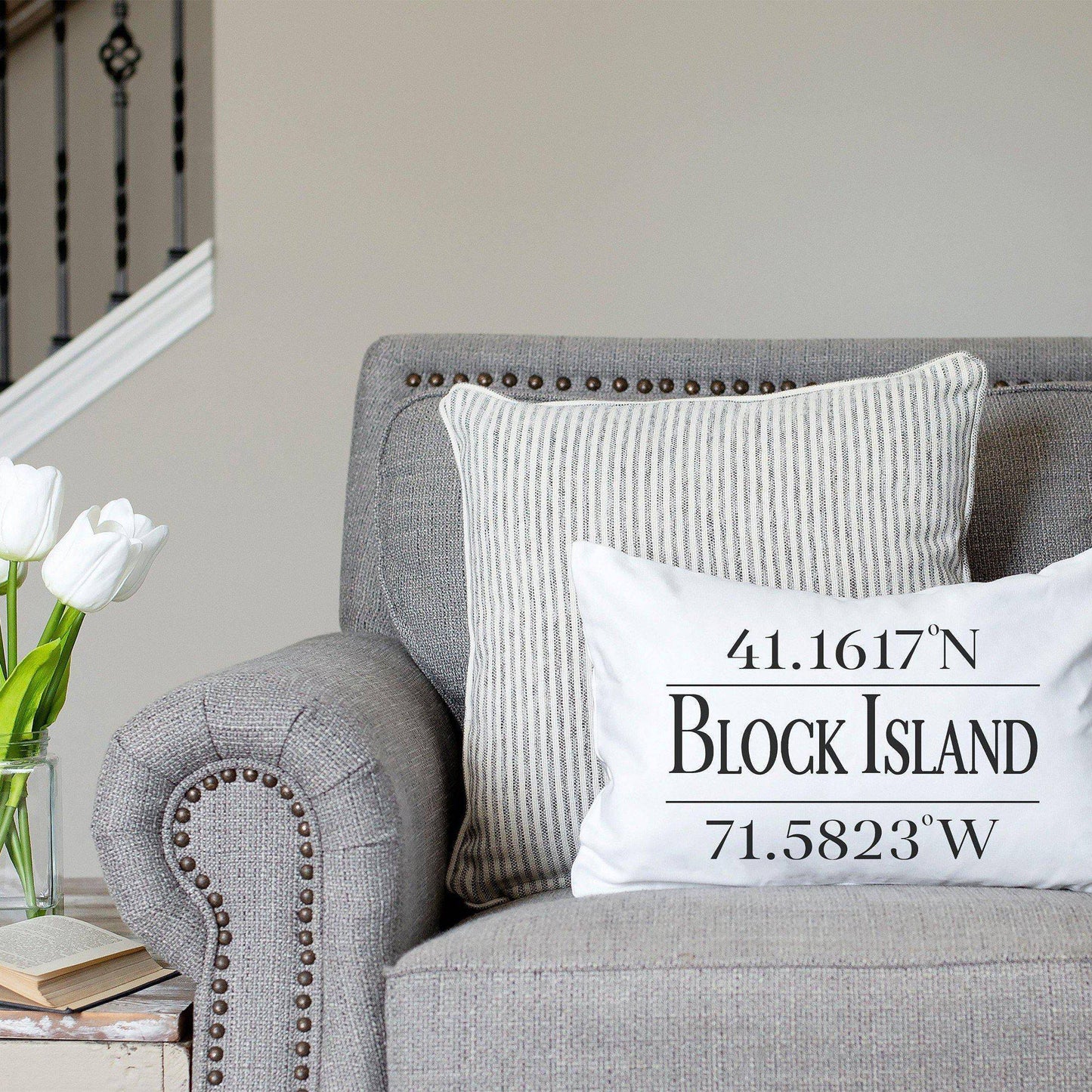 Block Island Coordinates Pillow - Drifts East- White poly/canvas pillow with black ink