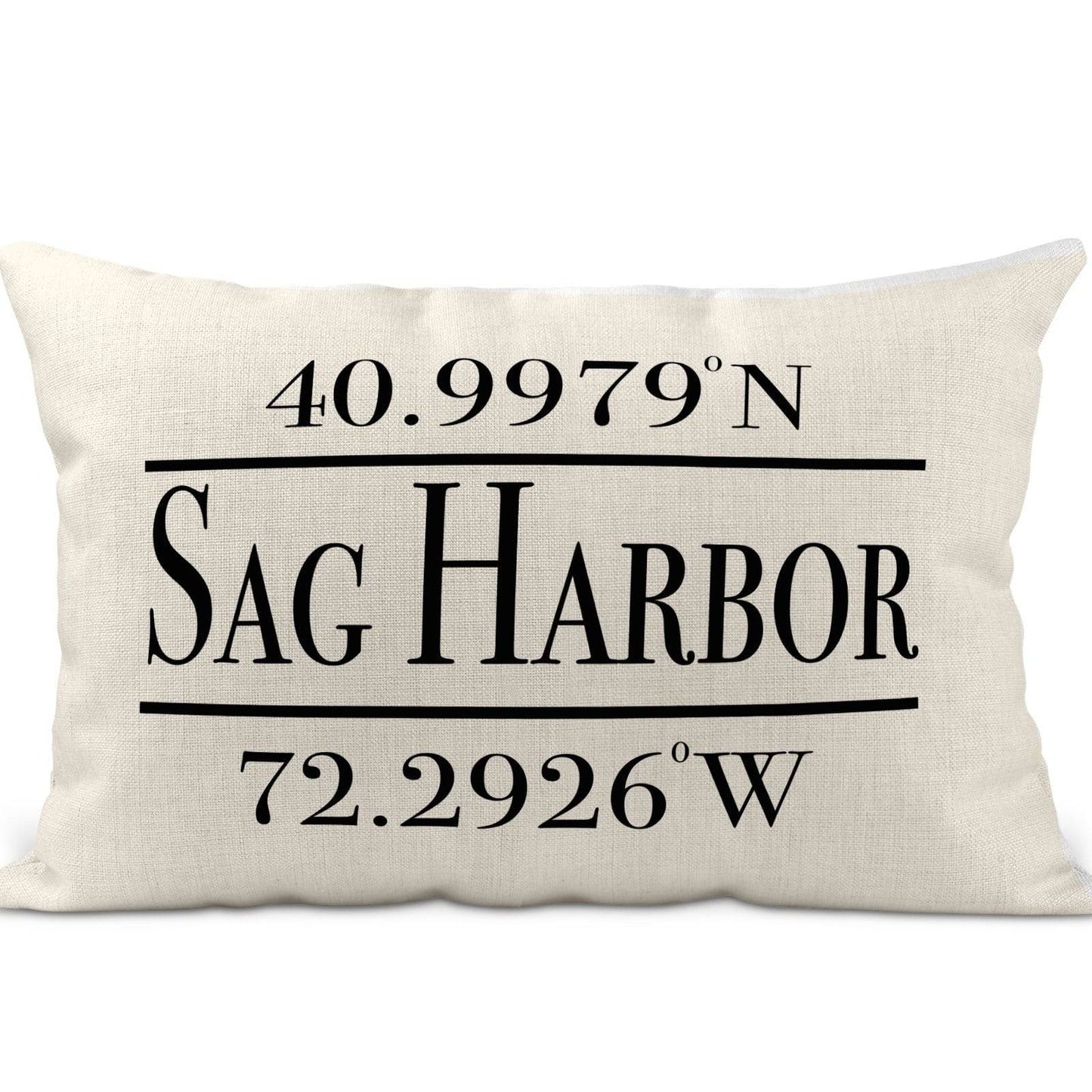Sag Harbor Latitude Longitude Pillow - Drifts East, 12 x 20 beige poly linen pillow with Sag Harbor and its coordinates printed in black ink