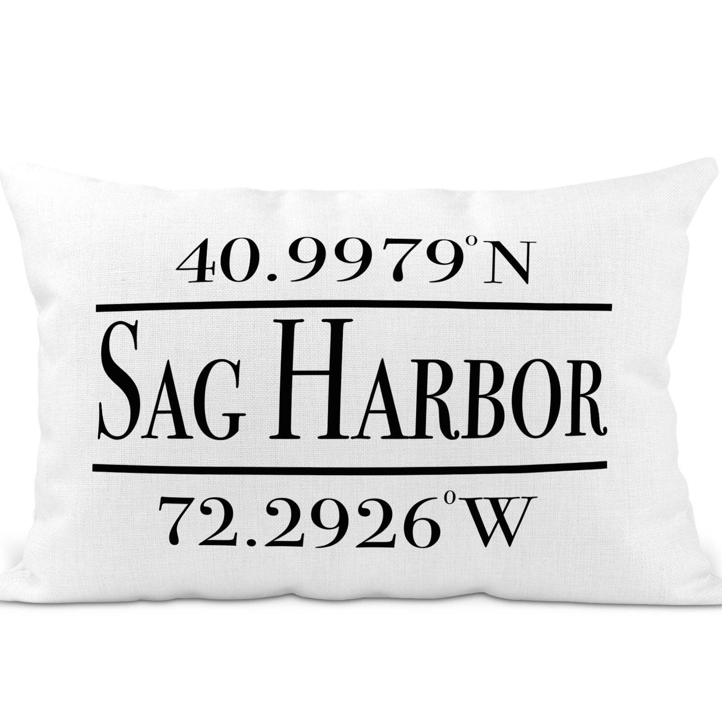Sag Harbor Latitude Longitude Pillow - by Drifts East , white poly-canvas pillow with Sag Harbor and its coordinates printed in black ink